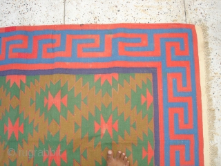 Jail Dhurrie(Cotton)from Bikaner,Rajsthan,India.known as Blossom Dhurrie with stepped diamonds and key Border.Its size is 240cm x 295cm.Perfect in the condition.Very rare design Dhurrie(DSC06192 New).         