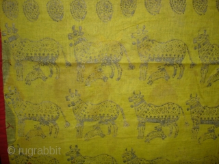 Pichwai for the Gopashtami From Gujarat India.Silver-tinsel Stamped with gum on yellow muslin cotton.Circa 1900.Its size is 82cmX100cm(DSC01463).               