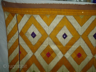 Rare Design Phulkari From West(Pakistan)Punjab. India. Showing the Rare influence of Mirrors and Zari work,Floss silk on hand spun cotton ground cloth(DSC03930).           