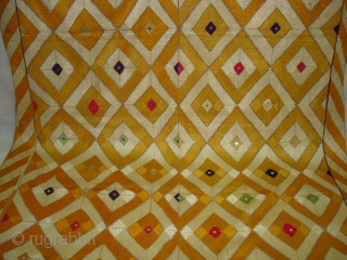 Rare Design Phulkari From West(Pakistan)Punjab. India. Showing the Rare influence of Mirrors and Zari work,Floss silk on hand spun cotton ground cloth(DSC03930).           