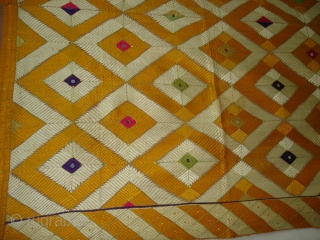 Rare Design Phulkari From West(Pakistan)Punjab. India. Showing the Rare influence of Mirrors and Zari work,Floss silk on hand spun cotton ground cloth(DSC03930).           