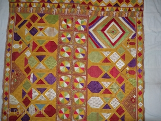 Phulkari From East(Punjab) India.Known as Darshan Dwar. Handspun cotton plain weave (khaddar) with silk and cotton embroidery,Showing the Folk Culture and Art of Punjab. Its size is 125cmX210cm(DSC03975 New).
    