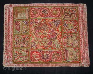 Jain Shrine cloth Ashtamangal, Mochi embroidered Silk on wool,From Gujarat, India.Its size is 27x36cm. c.1900. Condition is very good(DSC08028 New).             