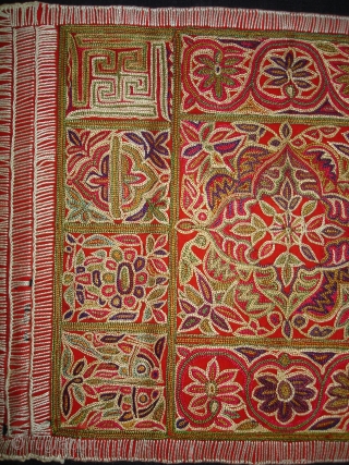 Jain Shrine cloth Ashtamangal, Mochi embroidered Silk on wool,From Gujarat, India.Its size is 27x36cm. c.1900. Condition is very good(DSC08028 New).             