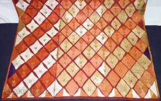 Phulkari From West(Pakistan)Punjab. India. Showing the Beautiful Floral Design With Change Colours in the Side. C.1900. Its size is 132cmX252cm.Floss silk on hand spun cotton ground cloth(DSC08495).      