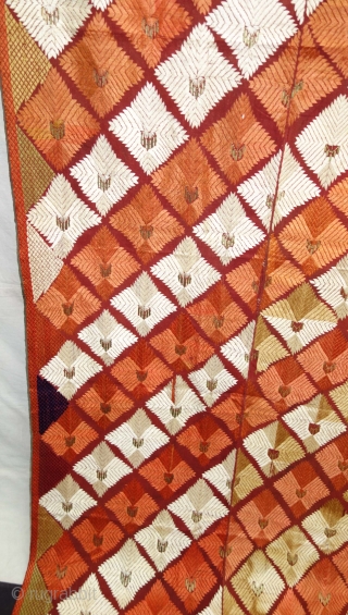 Phulkari From West(Pakistan)Punjab. India. Showing the Beautiful Floral Design With Change Colours in the Side. C.1900. Its size is 132cmX252cm.Floss silk on hand spun cotton ground cloth(DSC08495).      