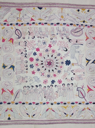 An Rare Storytelling  Folk Embroidery Kantha, Fine  embroidered cotton Kantha Probably from Bengal region of India, India. 

c.1850 -1875

Its size is 102cmX184cm(DSC09447).         