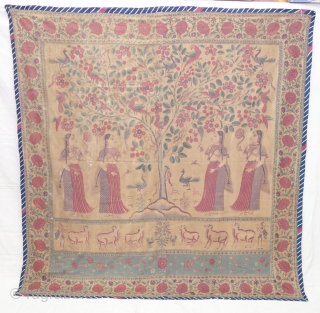 An Roller Print Pichwai depicting the Lord in the form of a tree with abundance and life. It's flanked by Gopis on both sides venerating the divine and the lower register shows  ...