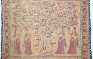 An Roller Print Pichwai depicting the Lord in the form of a tree with abundance and life. It's flanked by Gopis on both sides venerating the divine and the lower register shows  ...