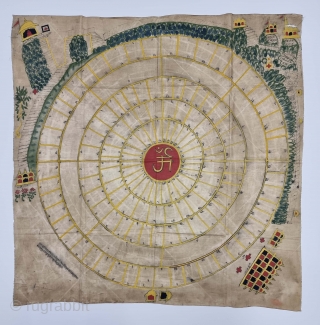 Jain cosmological map Mandala As a Plan of Jambudvipa or Adhidvipa Pata, Gujarat, Western India, 
Made On the Cotton .

Mid-19th Century. 

Its Size is 93cm x 94cm.

Jambudvipa or Adhidvipa Pata, is the  ...