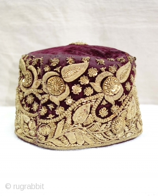 Parsi Topi (Hat) Zardozi Embroidered on cotton velvet, With Real Silver Thread with Gold Polish,From Surat, Gujarat, India. India.Late19th Century.
             