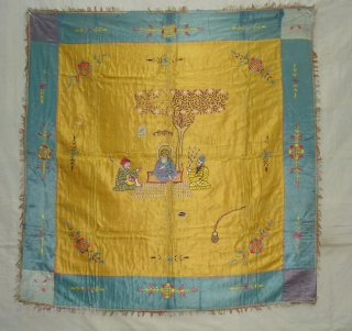 Guru Nanak Rumal Embroidery on Gajji-silk, Figures are showing of Guru Nanak and companions Bhai Mardana and Balla, Its used to cover Guru Granth Sahib.From Punjab India. C.1900.Its size is 104cmX108cm(DSC03652 New). 