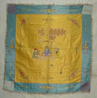 Guru Nanak Rumal Embroidery on Gajji-silk, Figures are showing of Guru Nanak and companions Bhai Mardana and Balla, Its used to cover Guru Granth Sahib.From Punjab India. C.1900.Its size is 104cmX108cm(DSC03652 New). 