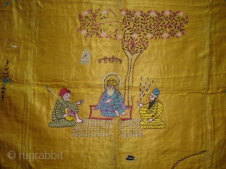 Guru Nanak Rumal Embroidery on Gajji-silk, Figures are showing of Guru Nanak and companions Bhai Mardana and Balla, Its used to cover Guru Granth Sahib.From Punjab India. C.1900.Its size is 104cmX108cm(DSC03652 New). 