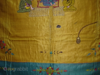 Guru Nanak Rumal Embroidery on Gajji-silk, Figures are showing of Guru Nanak and companions Bhai Mardana and Balla, Its used to cover Guru Granth Sahib.From Punjab India. C.1900.Its size is 104cmX108cm(DSC03652 New). 