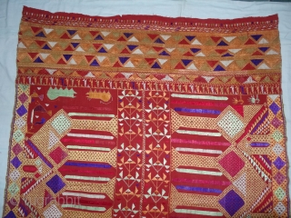 Phulkari From East(Punjab) India.Known as Darshan Dwar. Handspun cotton plain weave (khaddar) with silk and cotton embroidery,Showing the Folk Culture and Art of Punjab. Its size is 128cmX235cm(DSC03991 New).    