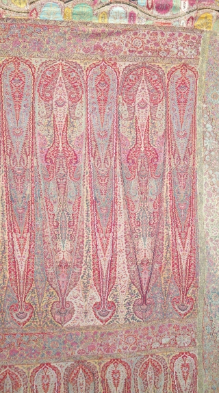 Rare Haft Border Kalamkar long Shawl, Showing the different variation of colour combination From Kashmir, India. India. C.1830-1850.Its Size is 145cmx345cm (DSC08615).
           