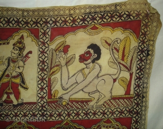 An Rare Ramayana Temple hanging Chintz Kalamkari, Hand-Drawn Mordant-And Resist-Dyed Cotton, From  Masulipatnam  South India. India. 

This ceremonial hanging shows a scene from the Hindu epic the Ramayana (‘the story of Rama’). Here Prince Rama and  ...