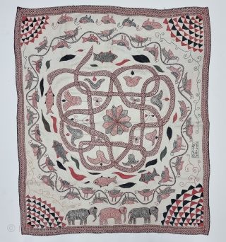 Very Rare and unique Yog Kundali Kantha, Showing the Snake , Mandala ,Birds and Elephant   Very Fine embroidered cotton Kantha Probably from the Region of East Bengal (India) Undivided Bengal.  ...