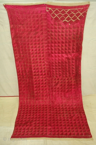 Phulkari From West(Pakistan)Punjab.India.known As Wedding Thirma(Pink)Bagh.Rare And Early Thirma(Pink)Bagh.Showing the Embroidery change for Nazar in the Right Corner(DSC05378 New).              