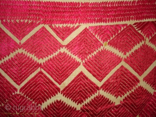 Phulkari From West(Pakistan)Punjab.India.known As Wedding Thirma(Pink)Bagh.Rare And Early Thirma(Pink)Bagh.Showing the Embroidery change for Nazar in the Right Corner(DSC05378 New).              