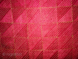 Phulkari From West(Pakistan)Punjab.India.known As Wedding Thirma(Pink)Bagh.Rare And Early Thirma(Pink)Bagh.Showing the Embroidery change for Nazar in the Right Corner(DSC05378 New).              