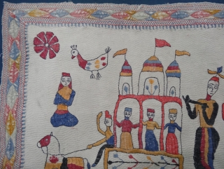 Folk Kantha Quilted and embroidered cotton Kantha Probably from West Bengal region of India, India. Its size is 34cmX46cm.Showing the Folk style of Rath-Yatra from Jagnath Puri(20191220_142054).      