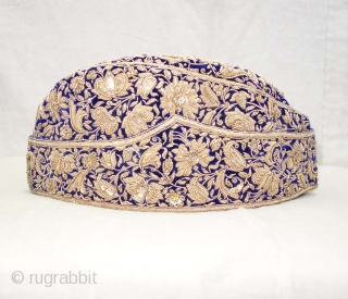 Nawabi Topi (Hat) Zardozi Embroidered on cotton velvet, With Real Silver Thread with Gold Polish, From Varanasi, Uttar Pradesh, India. India.Late19th Century.
           