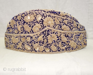 Nawabi Topi (Hat) Zardozi Embroidered on cotton velvet, With Real Silver Thread with Gold Polish, From Varanasi, Uttar Pradesh, India. India.Late19th Century.
           