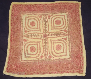 Kashmir Embroidered Square shawl (Rumal). Paisley Boteh Motifs in An Elegant stately Platte. From Kashmir, India. It has some Repairs and it has Old Backing Cloth Of Pashmina.
C.1860-1875.
Its size is 151cmX160cm(DSC09589).      