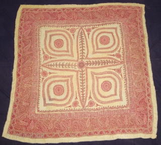 Kashmir Embroidered Square shawl (Rumal). Paisley Boteh Motifs in An Elegant stately Platte. From Kashmir, India. It has some Repairs and it has Old Backing Cloth Of Pashmina.
C.1860-1875.
Its size is 151cmX160cm(DSC09589).      