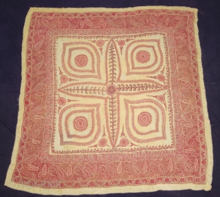 Kashmir Embroidered Square shawl (Rumal). Paisley Boteh Motifs in An Elegant stately Platte. From Kashmir, India. It has some Repairs and it has Old Backing Cloth Of Pashmina.
C.1860-1875.
Its size is 151cmX160cm(DSC09589).      