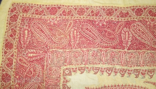 Kashmir Embroidered Square shawl (Rumal). Paisley Boteh Motifs in An Elegant stately Platte. From Kashmir, India. It has some Repairs and it has Old Backing Cloth Of Pashmina.
C.1860-1875.
Its size is 151cmX160cm(DSC09589).      