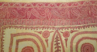 Kashmir Embroidered Square shawl (Rumal). Paisley Boteh Motifs in An Elegant stately Platte. From Kashmir, India. It has some Repairs and it has Old Backing Cloth Of Pashmina.
C.1860-1875.
Its size is 151cmX160cm(DSC09589).      