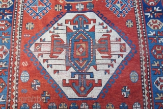 Late 19th C. Kazak, 4'7" x 8' 2'. Nice generous size and fully restorable Kazak with all good colors. Pile evenly low to better pile except for white medallion which shows some  ...