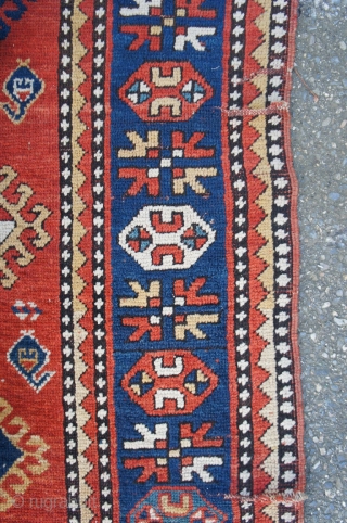 Late 19th C. Kazak, 4'7" x 8' 2'. Nice generous size and fully restorable Kazak with all good colors. Pile evenly low to better pile except for white medallion which shows some  ...