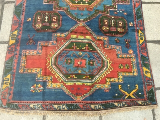 Caucasian rug in very good condition. It is 275x147, has at least two synthetic dyes, a rose red and one blue that has faded to bluish grey but also a couple of  ...