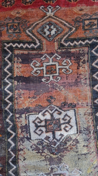 From Sonny Berntssons collection:
East Anatolian prayer rug fragment 73 x 130 cm
Circa 1870.
Mounted on fabric.
An old used prayer rug with damage as can be seen on photos.
More info if you ask.
NOTE: E-mails  ...