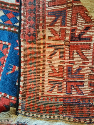Antique karapchov. 1870.
Full pile.
Full saturéd vegetable colors. 
Two old unbelievable great repairs made in kazak style weaving.
210x130cm                