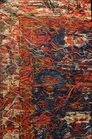 Shahsevan soumak bag-face 60cm x 50cm .. Very early of its type, tight gritty weave and staggering colour. Loss as seen.   From my collection ...
A couple of detail images have  ...