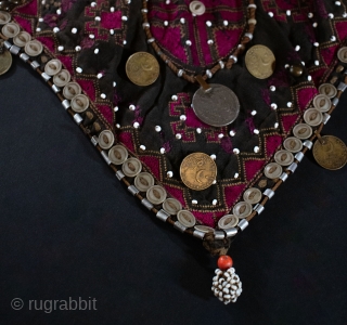 Silk embroidery on cotton, added buttons, beading and coins on this very nice example of a Kohistani headdress.  Indus, Kohistan.  Early 20th century. Please visit our shop singkiang.shop to purchase  ...