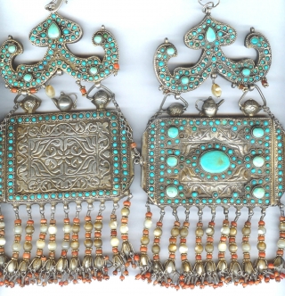  Pair of micro mosaic inlaid Koran containers , silver, mother of pearl, coral from Uzbekistan , Khiva area of Khorizm. late 19th c         