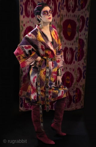 Antique  Ikat silk tunic from Bukhara can be worn loose or belted. Fits all . see singkiang.shop for purchase             