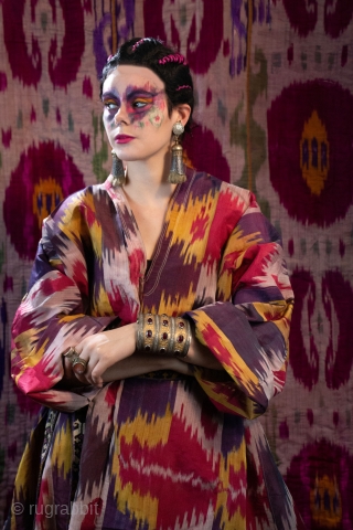 Antique  Ikat silk tunic from Bukhara can be worn loose or belted. Fits all . see singkiang.shop for purchase             