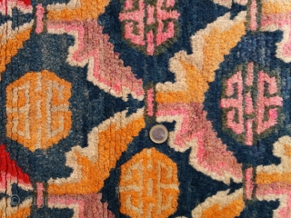 Very nice old Tibetan rug, very early 1900, very pleasant colors, very nice and soft wool, very unusual small size (circa 113 by 49 cm), very good condition (no repairs, full pile),  ...