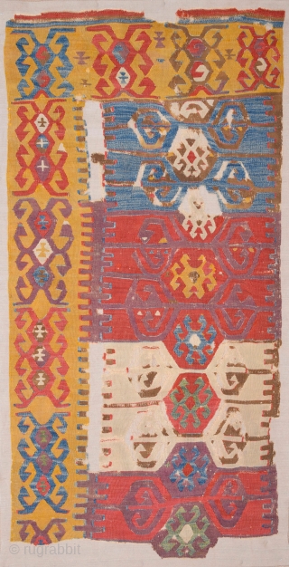 18th Century This small fragment is from a very old kilim probably woven by Cappadocia. kilim originally consisted of two long panels but only found this lovely fragment the surviving fragment is  ...