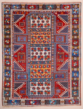 The great age of this red-ground Kazak, with a classic Design with red wefts, and comparatively fine weave,Middle of the 19th Century Caucasian Karatcof Rug It's in Good Condition Size 158 x  ...