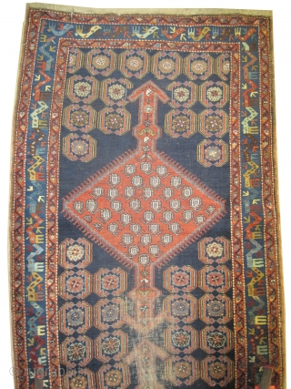 

Meshgin Persian, knotted circa in 1925 antique, 327 x 123 (cm) 10' 9" x 4'  carpet ID: K-4790
The black knots are oxidized, the knots are hand spun wool, the warp and  ...