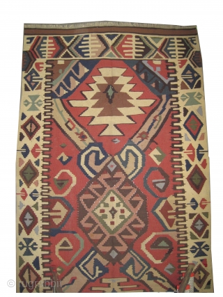 	

Bessarabian kilim  art deco period, collector's item,  285 x 150 (cm) 9' 4" x 4' 11"  carpet ID: A-932
In good condition, woven with hand spun wool, the warp and  ...