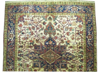 
Heriz Persian old, 188 x 159 cm,  carpet ID: K-4800
The knots are hand spun lamb wool, the background is ivory, the center medallion and the surrounded large border are indigo, the  ...